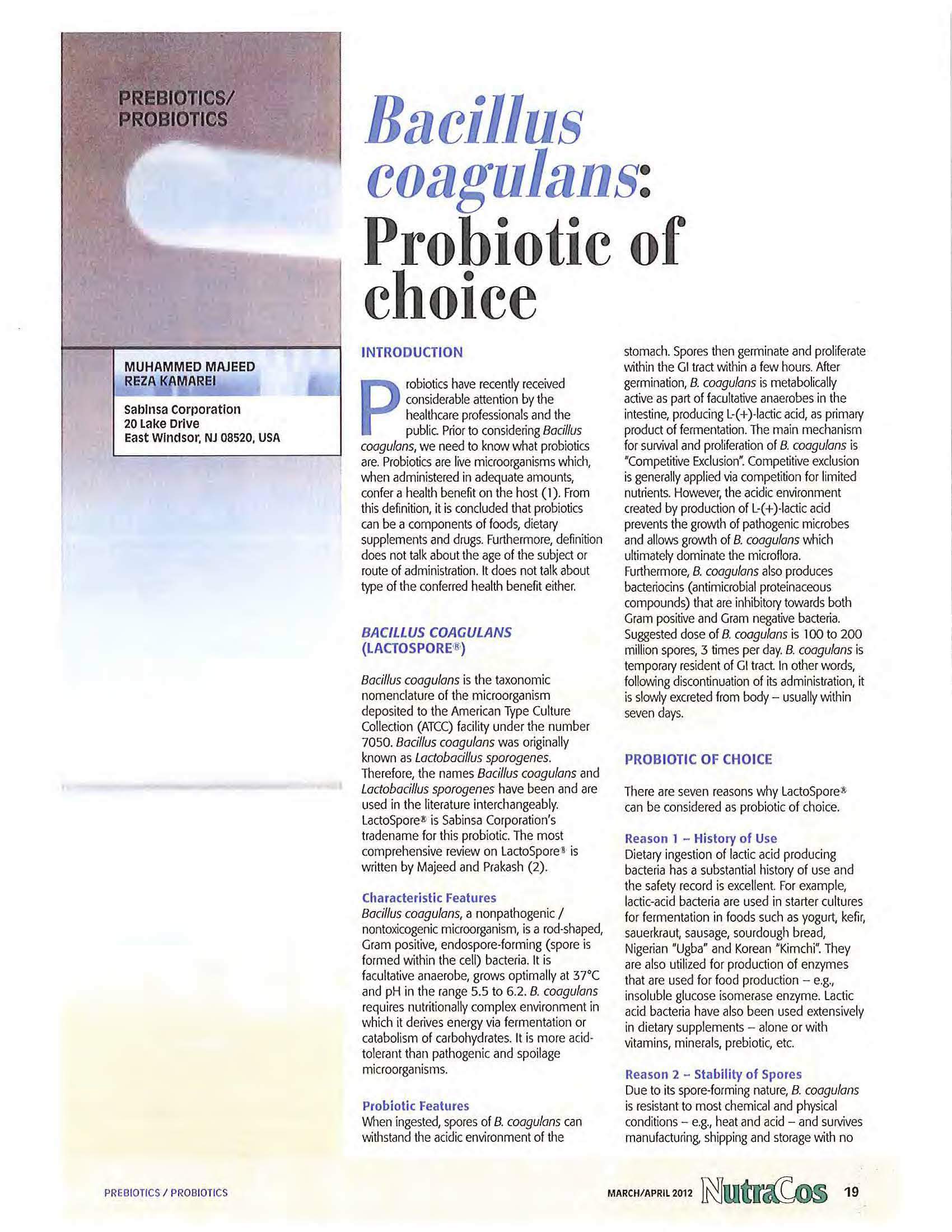 Bacillus coagulans, Probiotic of Choice